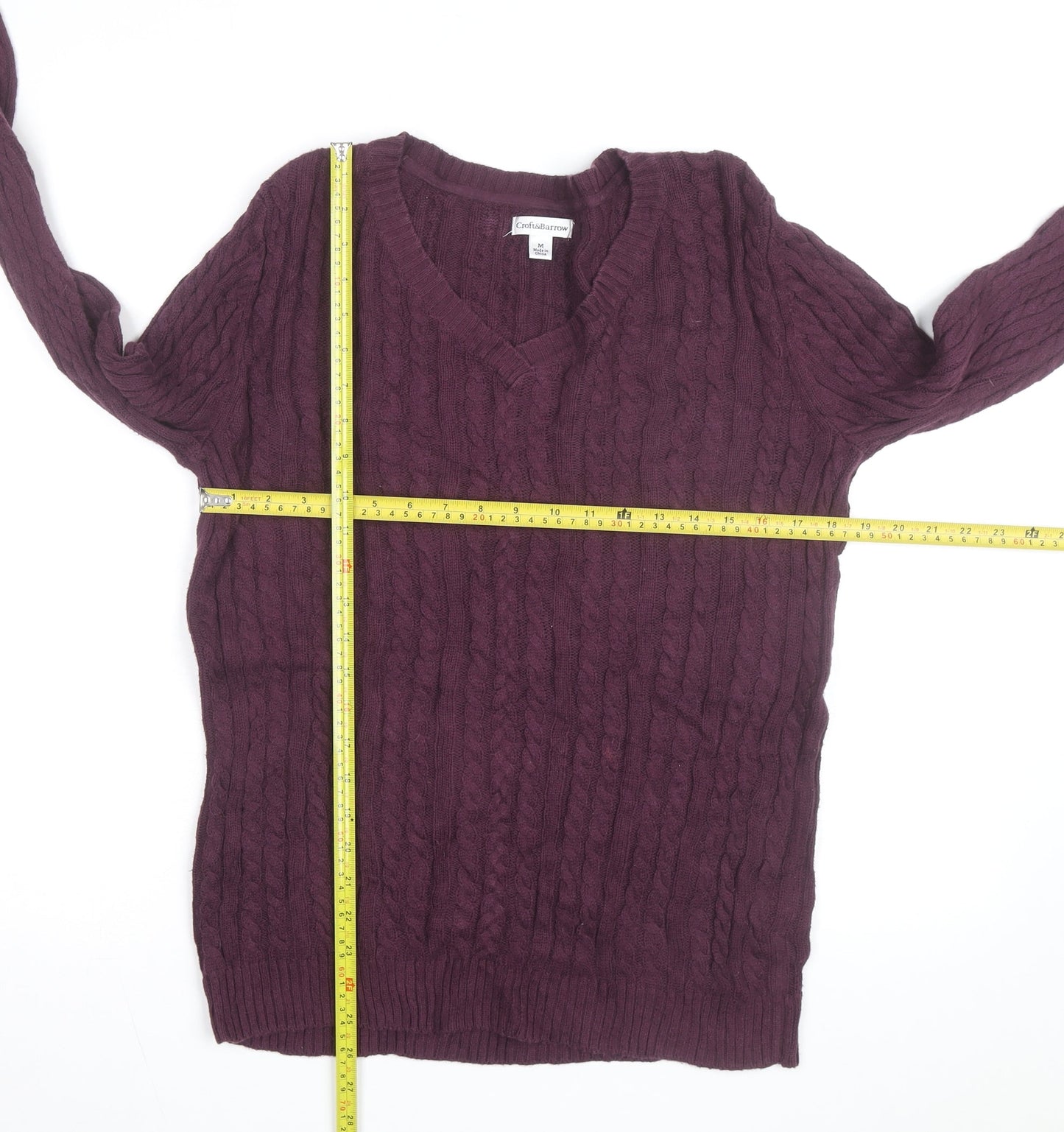 Croft & Barrow Men's Purple Cotton Cable-Knit V-Neck Jumper M