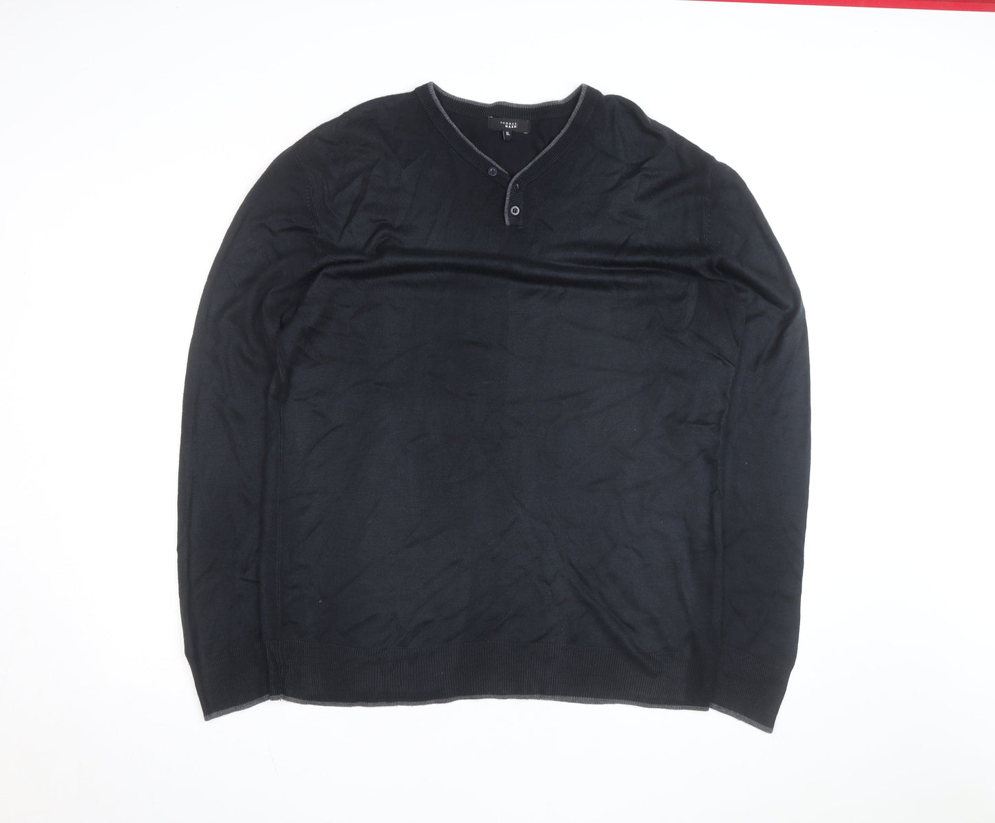 Thomas Nash Men's Black XL Henley Knit Jumper Cotton Blend