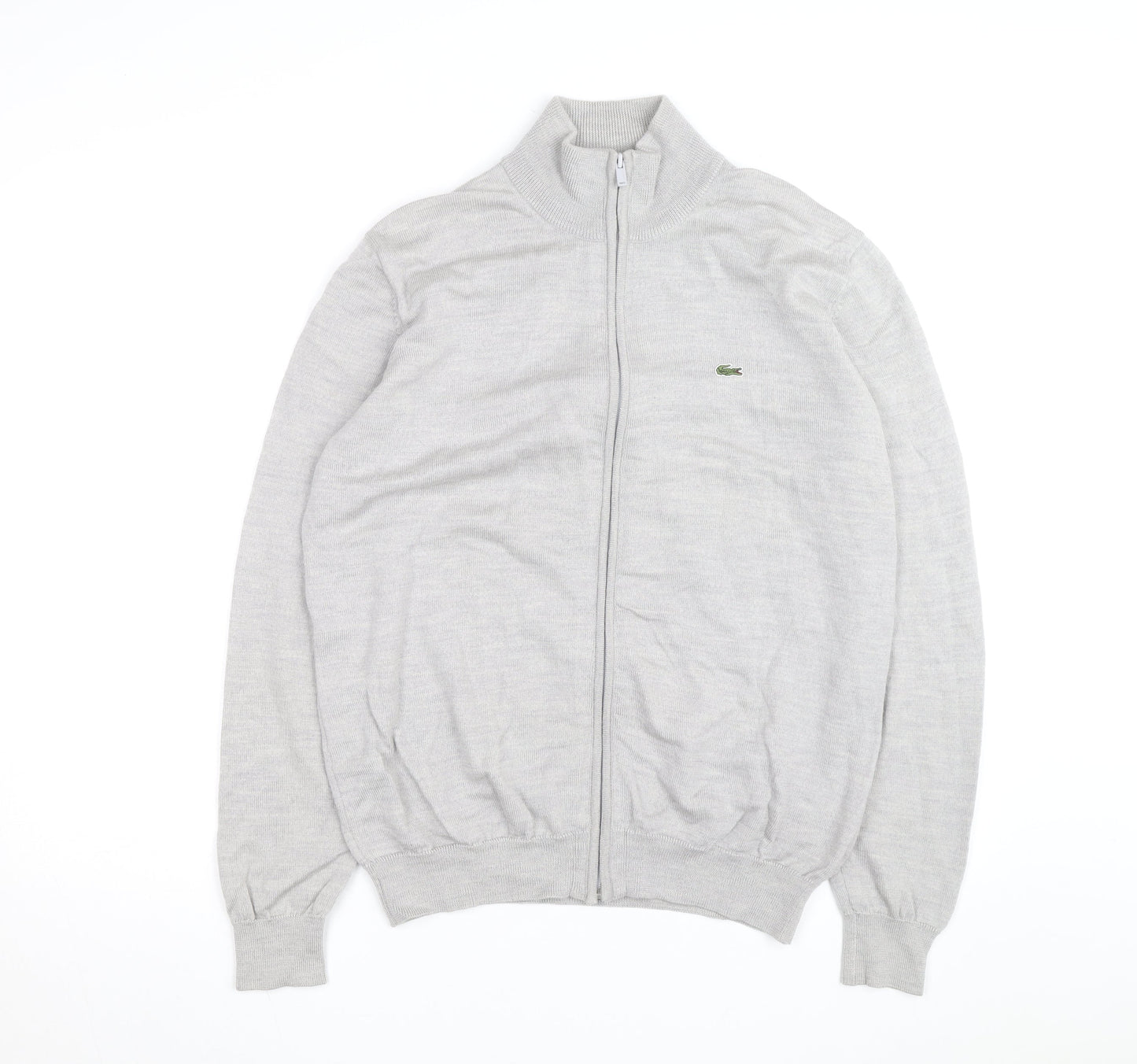 Lacoste Men’s Grey Wool Full Zip Jumper L High Neck Classic Knit