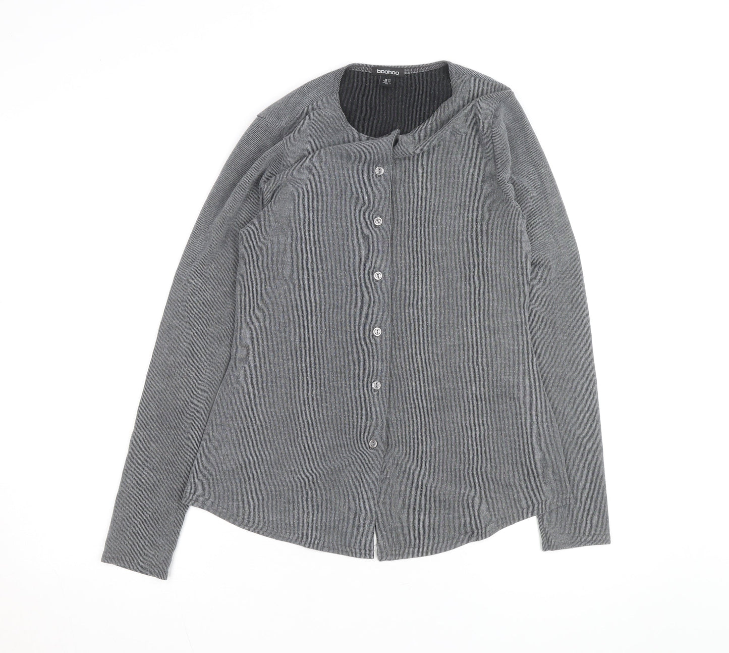 Boohoo Women Grey Knit V-Neck Long Sleeve Button Cardigan Size 14
