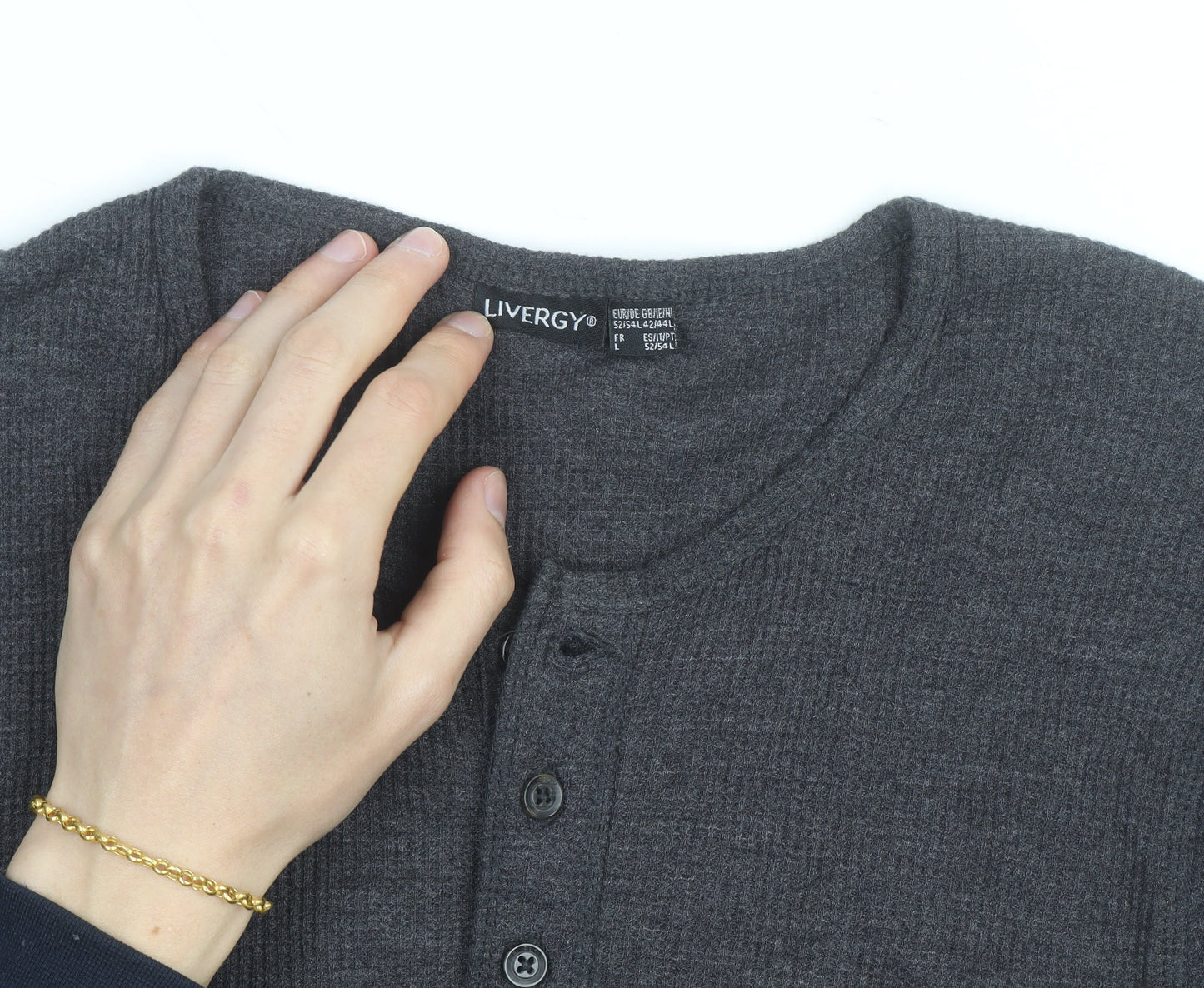 Livergy Men Grey Waffle-Knit Henley Jumper Size L