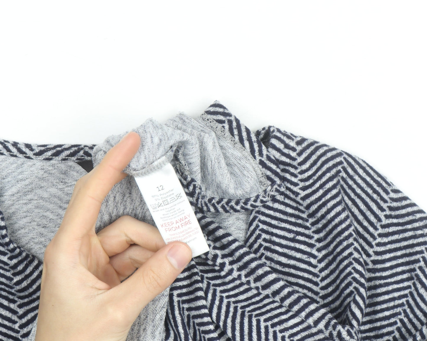 Bonmarché Women Grey Geometric V-Neck Long Sleeve Pullover Jumper Size 12