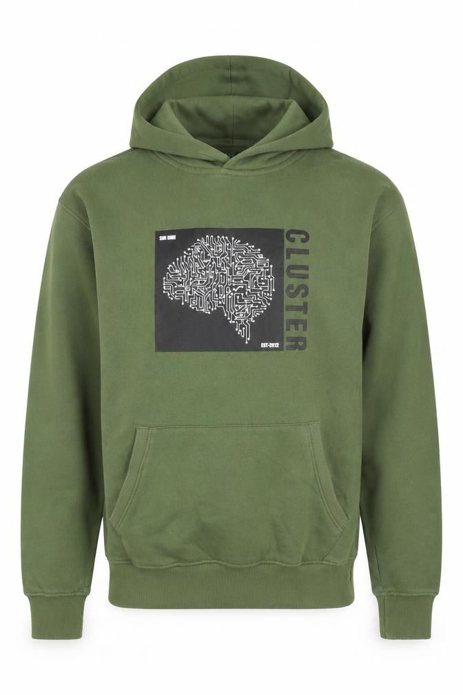 SIN DNM Men's Green Pullover Hoodie S Graphic Print Fleece