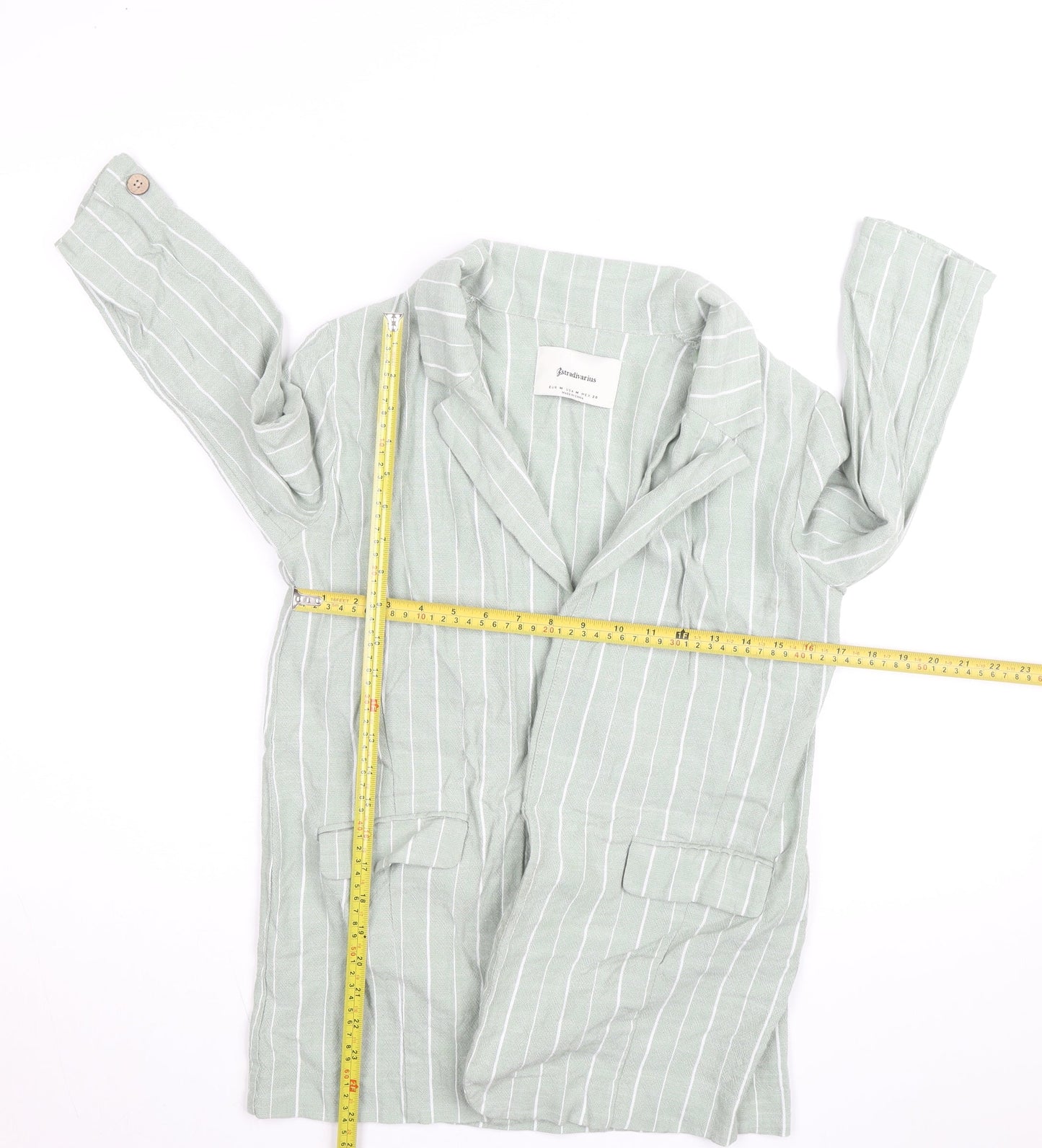Stradivarius Women Green Striped Linen Blend Blazer Size 12