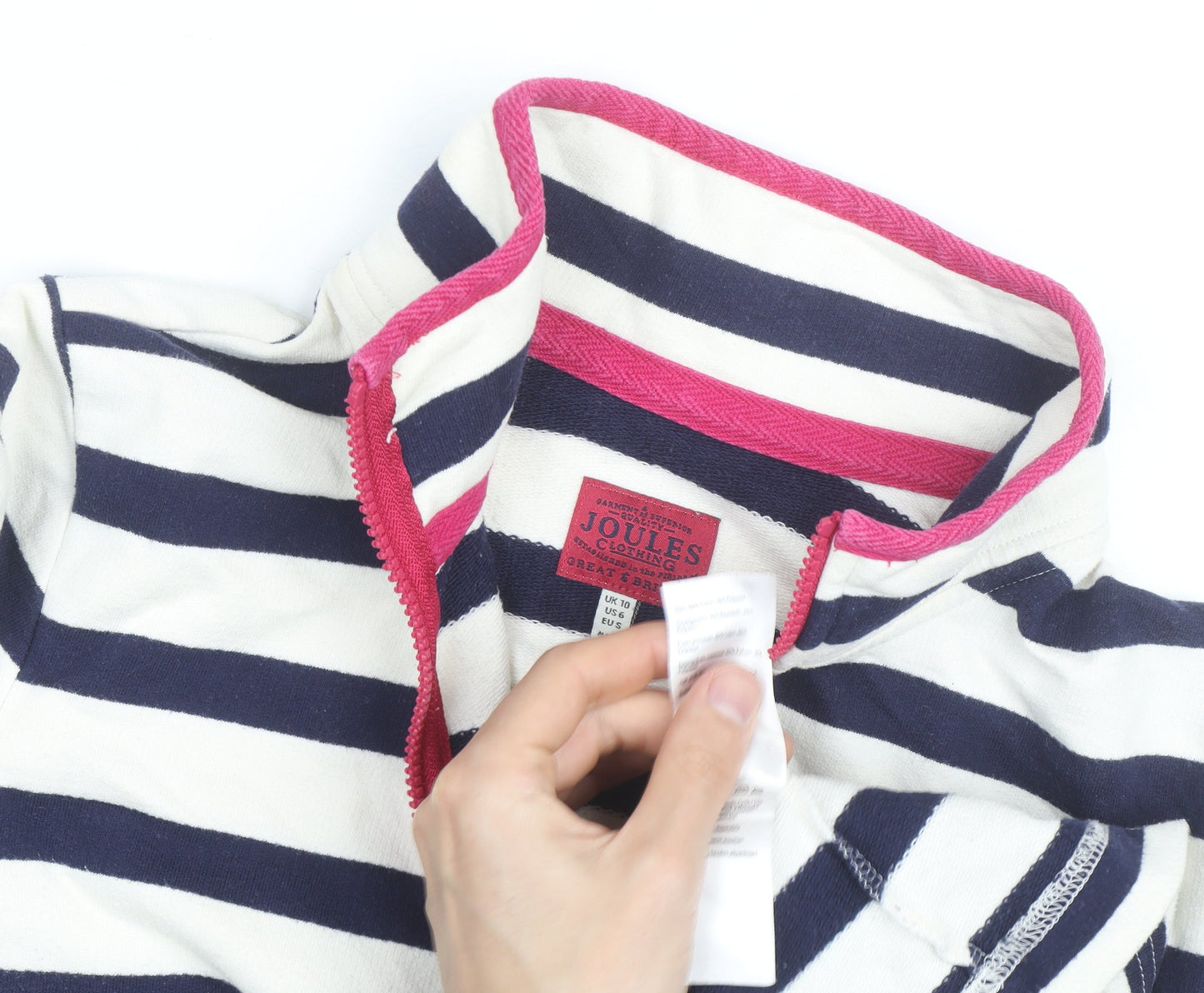Joules Women's Navy Stripe 1/2 Zip Sweatshirt UK 10 Cotton Relaxed Fit