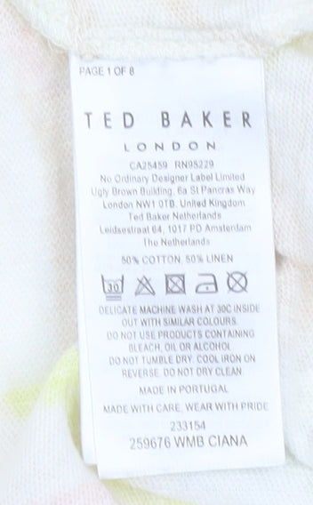 Ted Baker Women’s Multicoloured Floral Linen Blend V-Neck T-Shirt Size 14