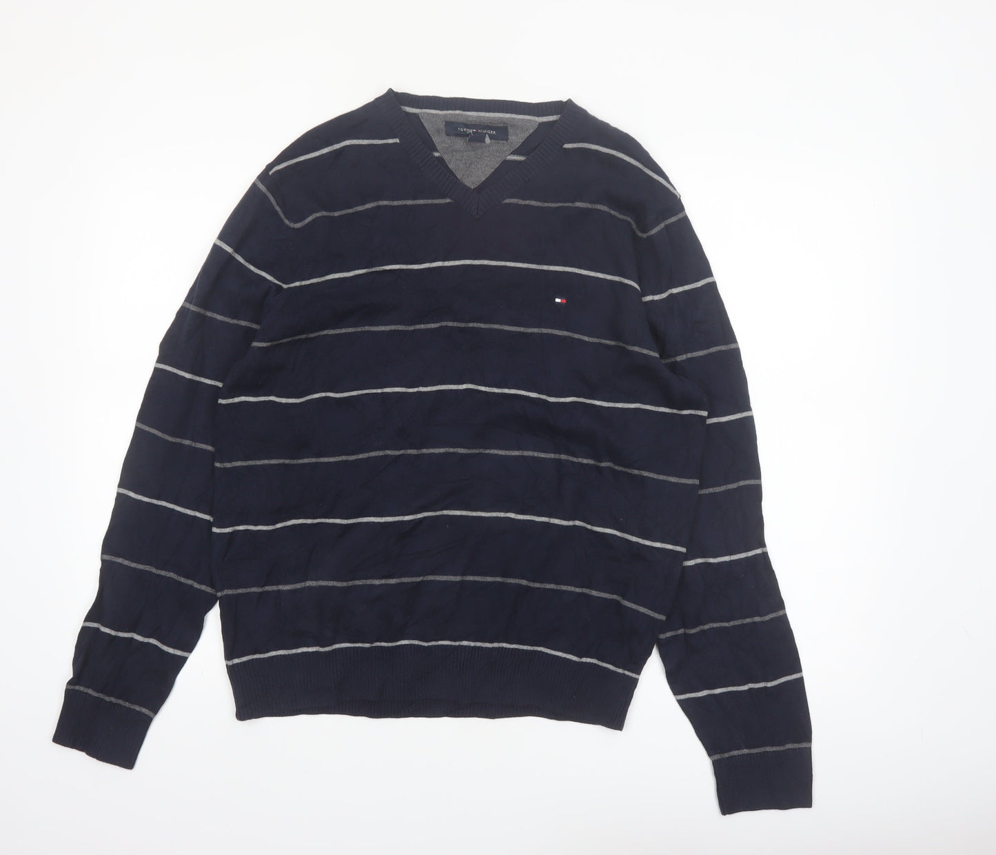 Tommy Hilfiger Men's Blue Striped Cotton V-Neck Jumper M