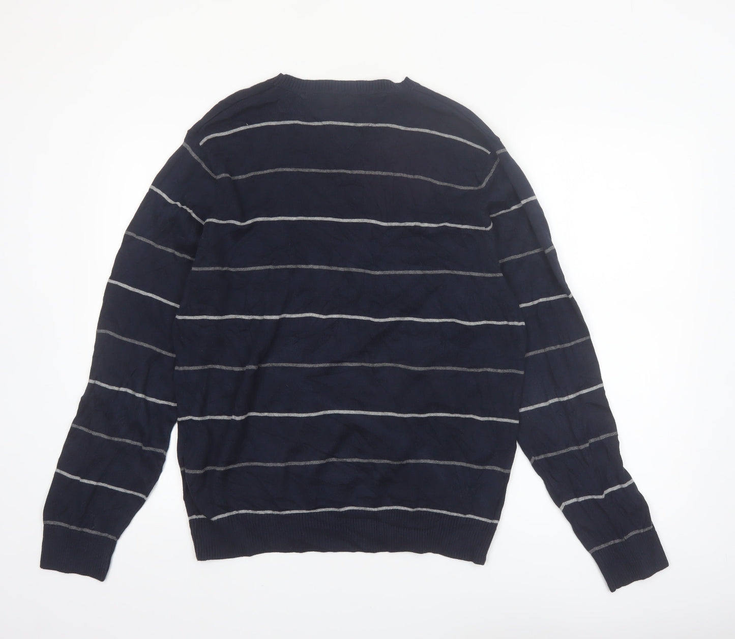 Tommy Hilfiger Men's Blue Striped Cotton V-Neck Jumper M