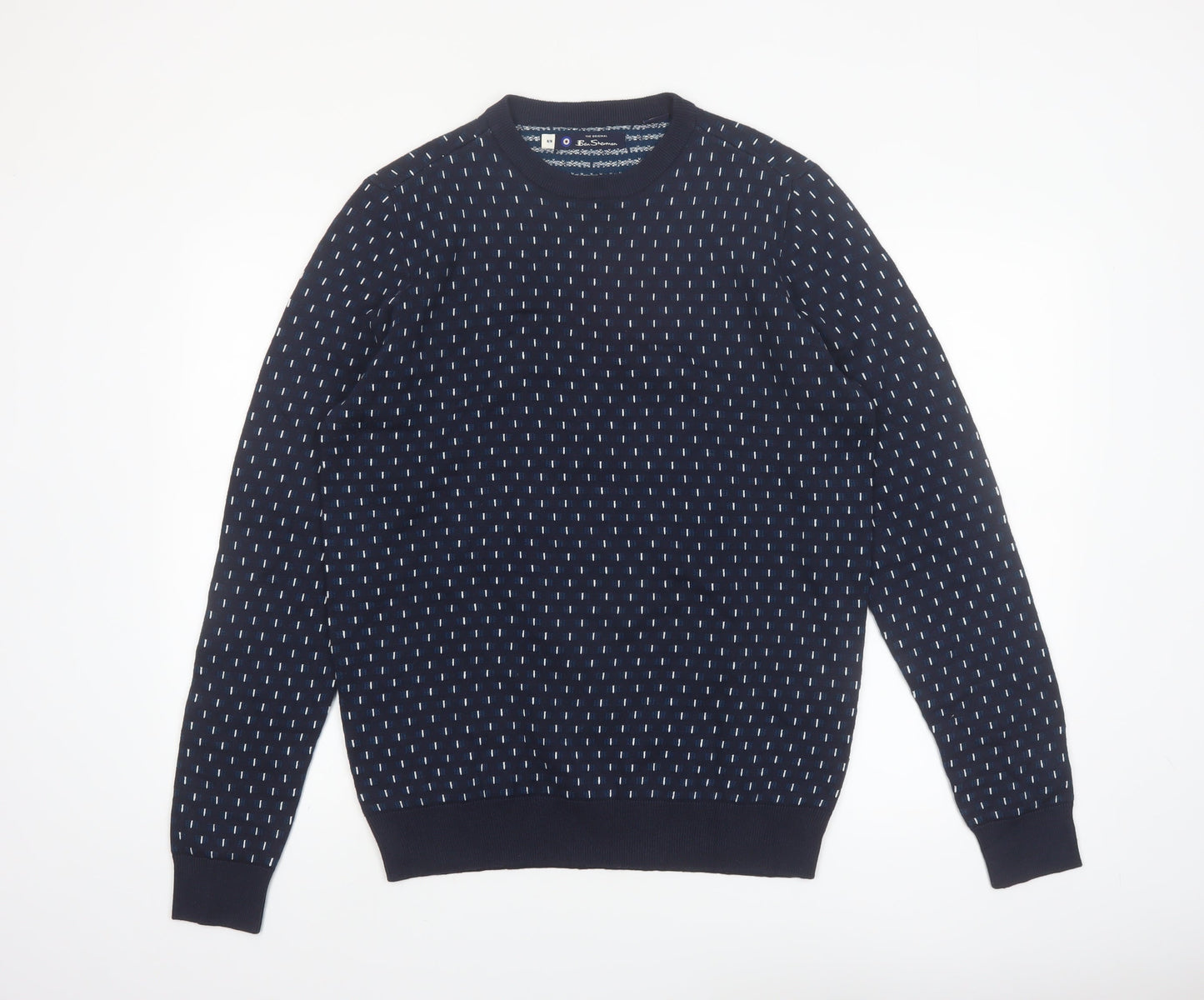 Ben Sherman Men's Blue Geometric Knit Crew Neck Jumper Size M