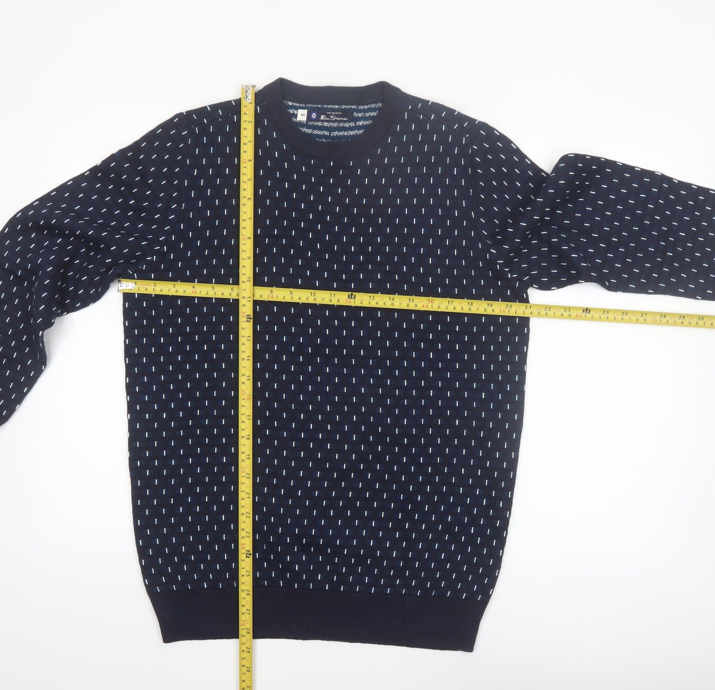 Ben Sherman Men's Blue Geometric Knit Crew Neck Jumper Size M