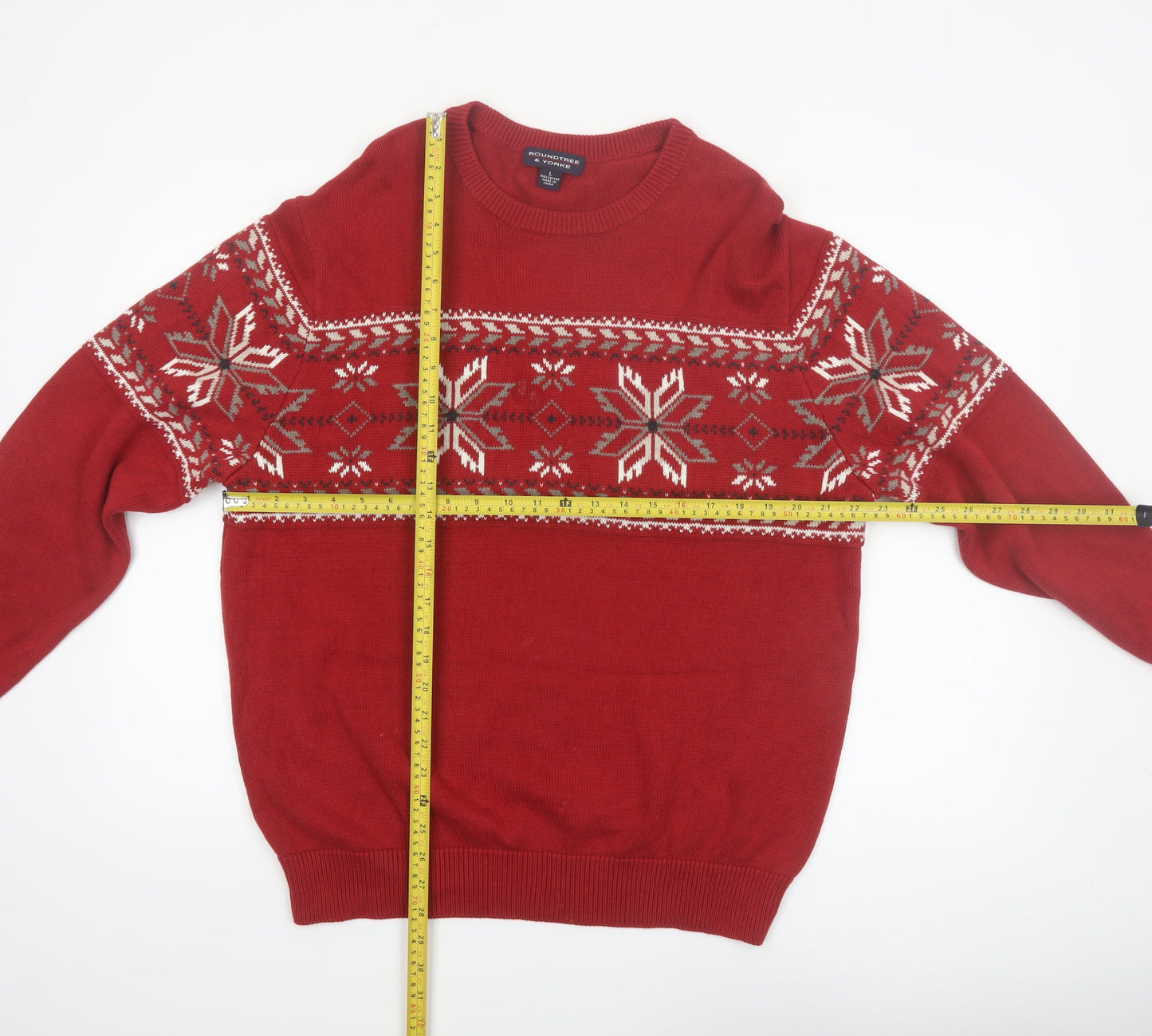 Roundtree & Yorke Mens Red Fair Isle Cotton Jumper L Winter Knitwear