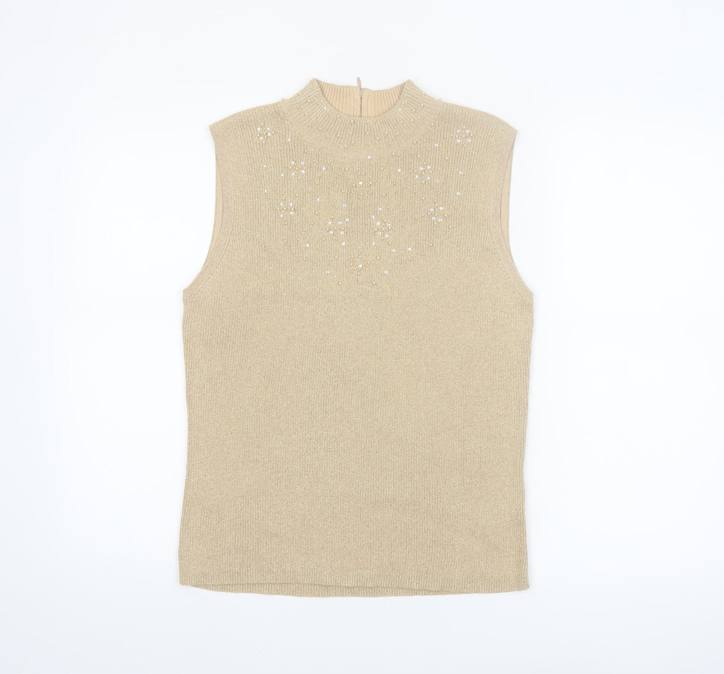 TanJay Women Beige Petite Beaded Mock Neck Sleeveless Tank Top