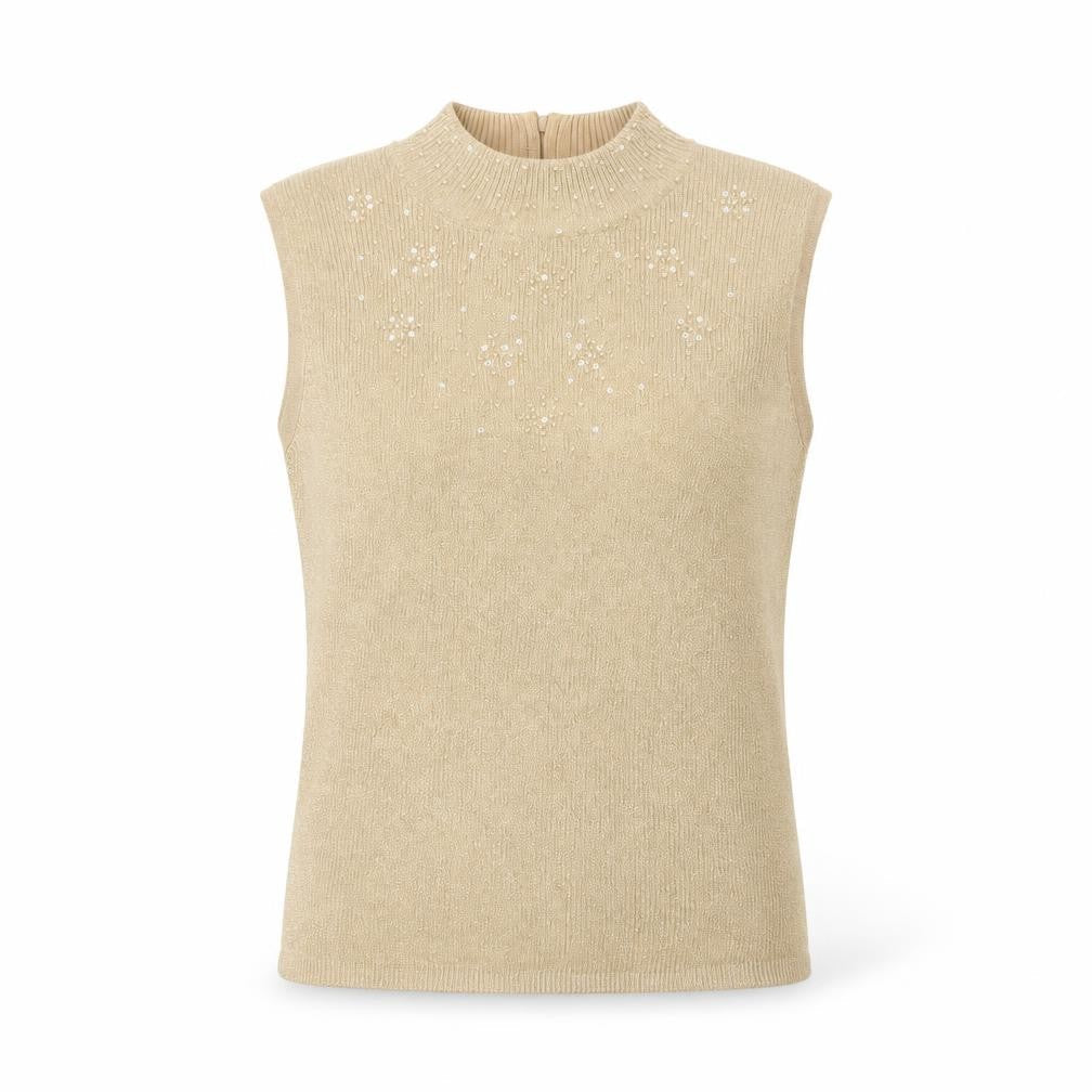 TanJay Women Beige Petite Beaded Mock Neck Sleeveless Tank Top