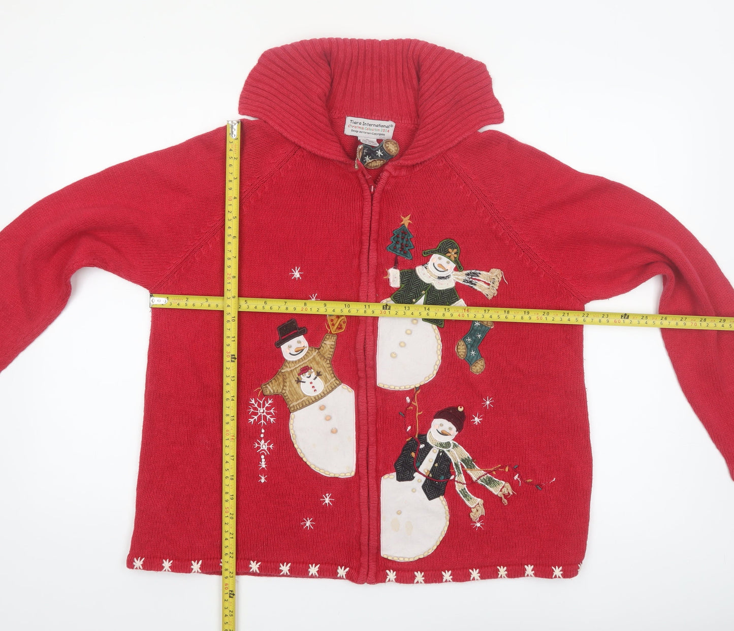 Tiara International Women Red M Christmas Cardigan Full Zip Snowman