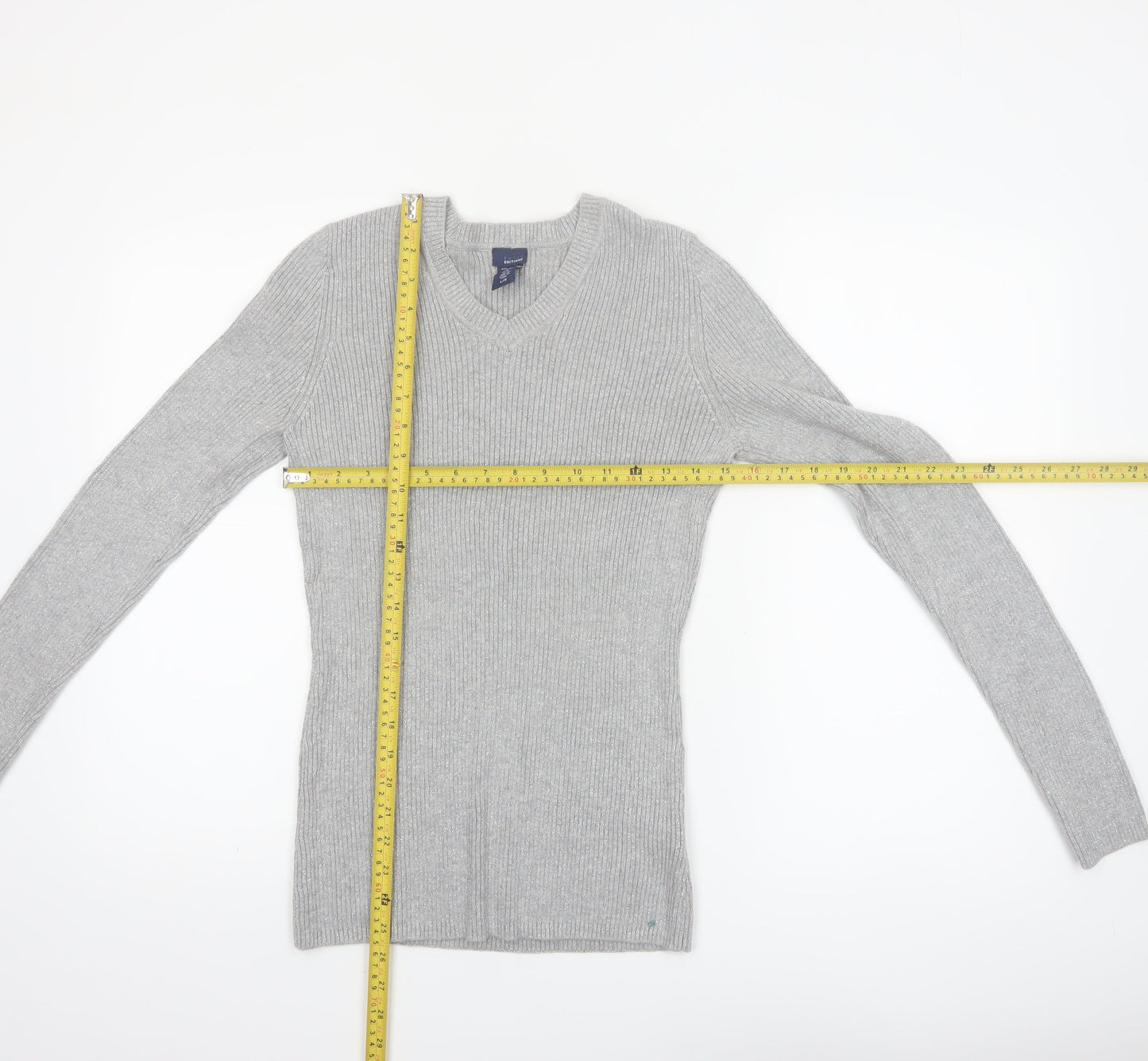 Basic Editions Womens Grey V-Neck Knit Pullover Jumper Size L
