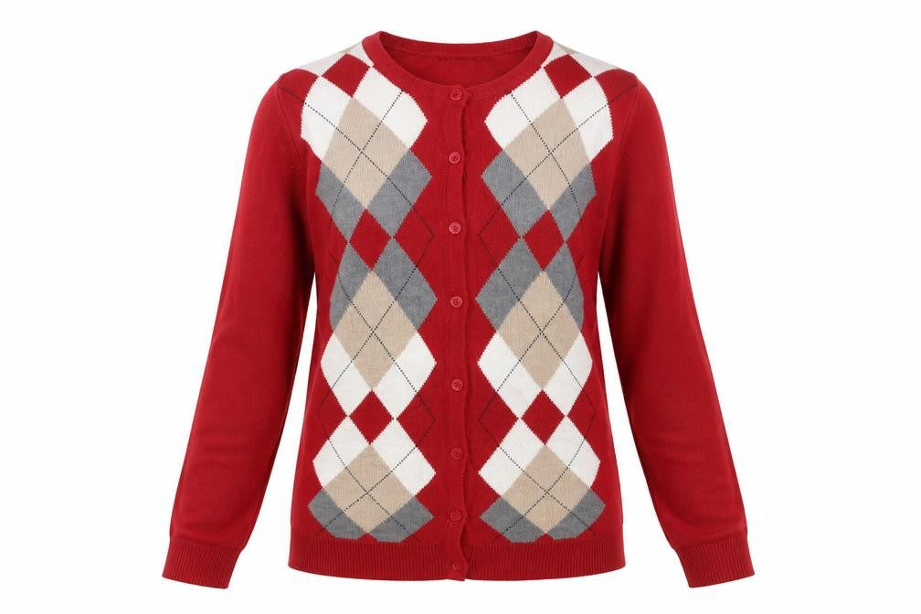 Croft & Barrow Women Red Argyle Knit Cardigan Size S