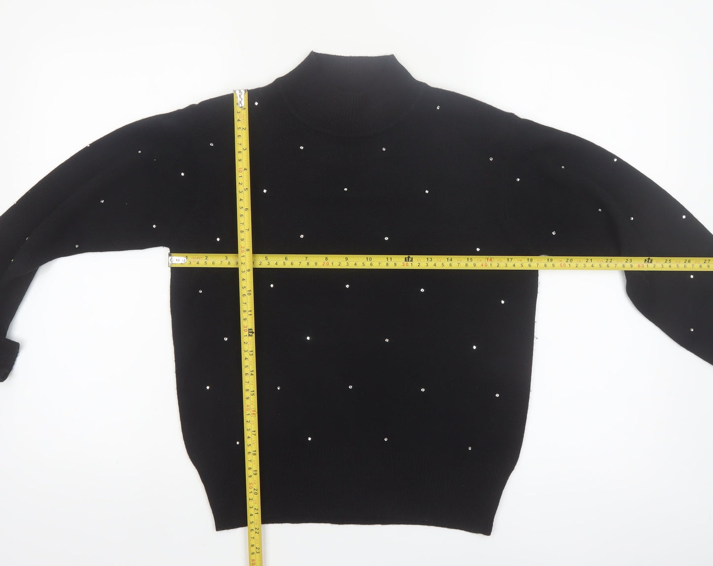 Jones New York Women Black Petite P/S High Neck Jumper with Beaded Accents