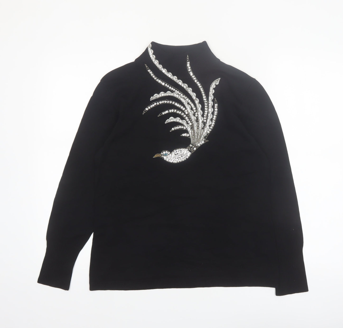 BETA'S CHOICE Women's Black Mock Neck Rhinestone Bird Jumper M