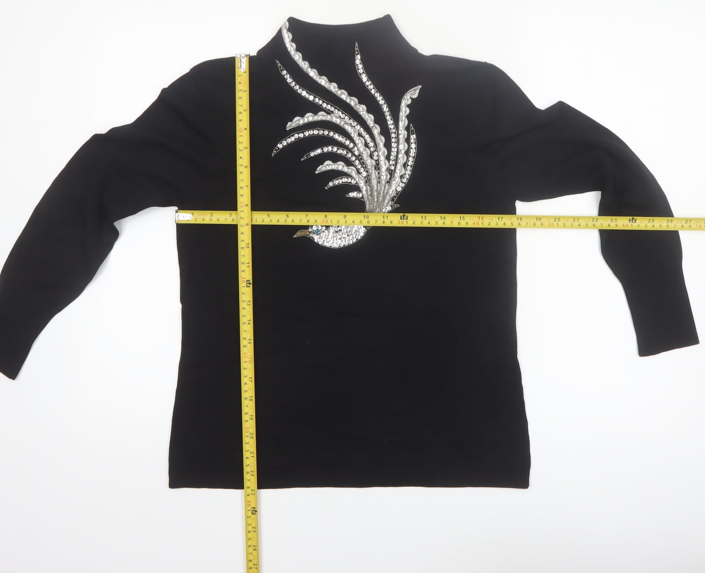 BETA'S CHOICE Women's Black Mock Neck Rhinestone Bird Jumper M