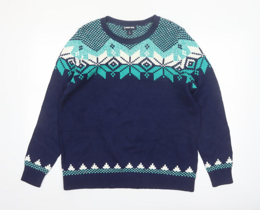 Lands' End Women's Blue Fair Isle Crew Neck Jumper L