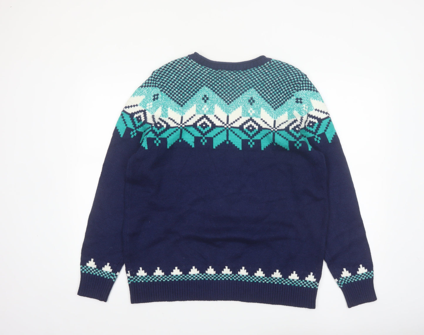 Lands' End Women's Blue Fair Isle Crew Neck Jumper L