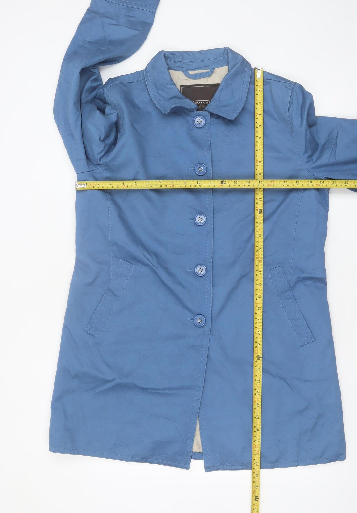 Coach Womens Blue Cotton Mid-Length Trench Coat L