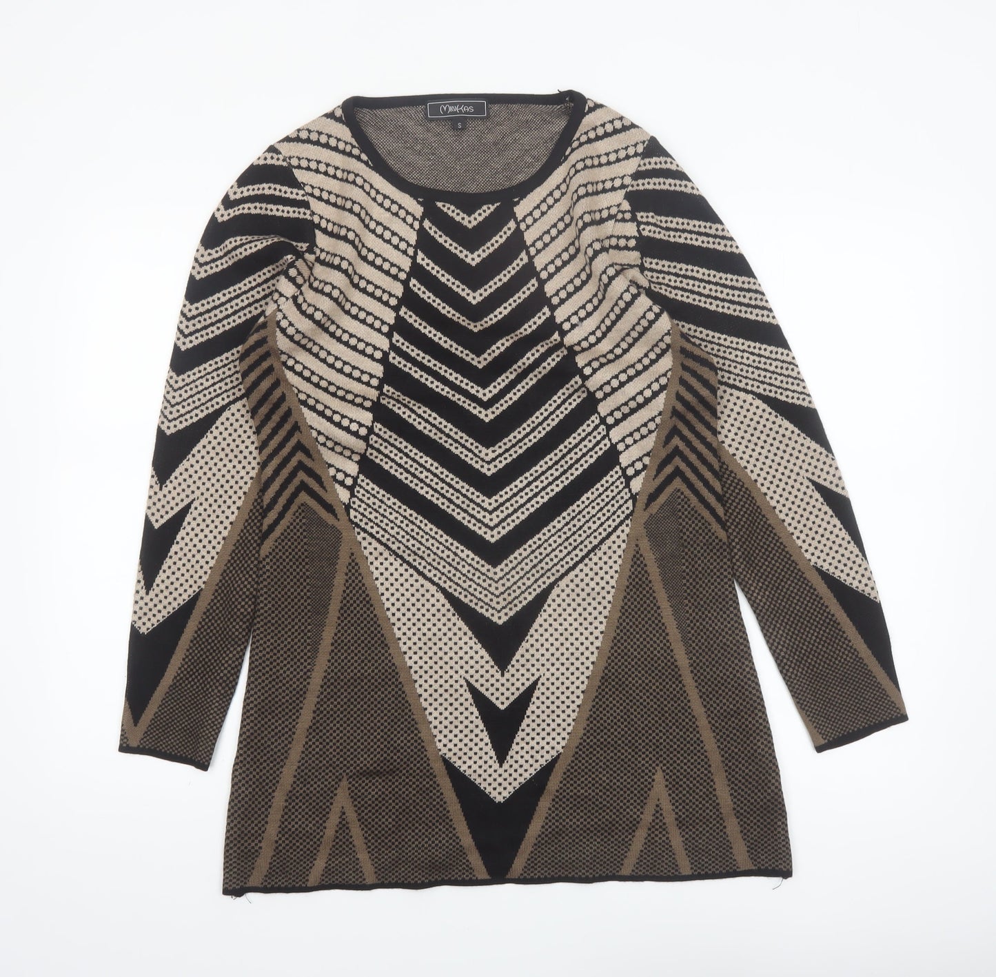 Minkas Women Beige Black Geometric Wool Cashmere Knit Tunic Jumper S