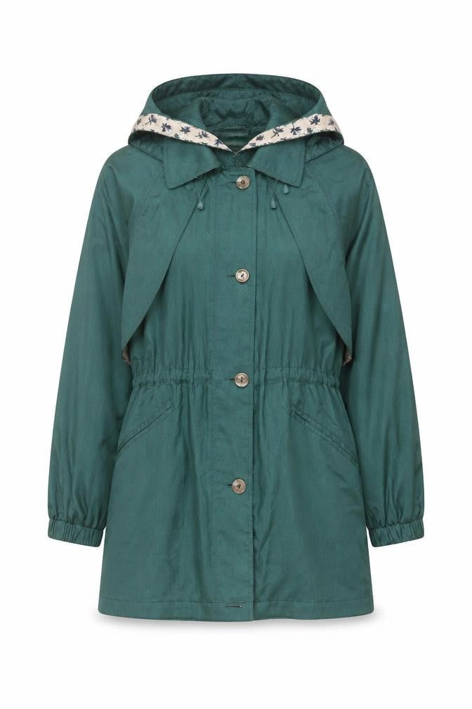 Nuage Women's Green Hooded Mid-Length Rain Coat Size S
