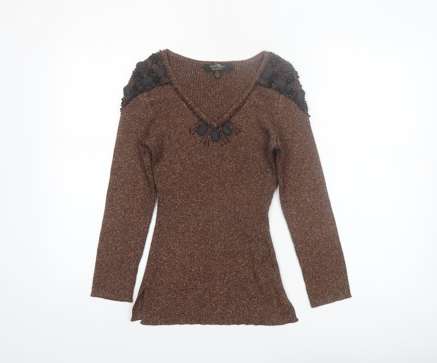 Christine Phillipe Women Brown Beaded V-Neck Long Sleeve Jumper S