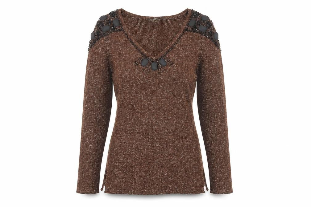 Christine Phillipe Women Brown Beaded V-Neck Long Sleeve Jumper S