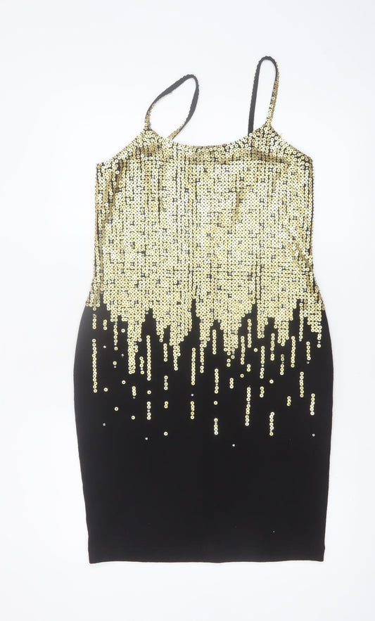 Outlander Women Black Gold Sequin Bodycon Knee Length Dress Size M