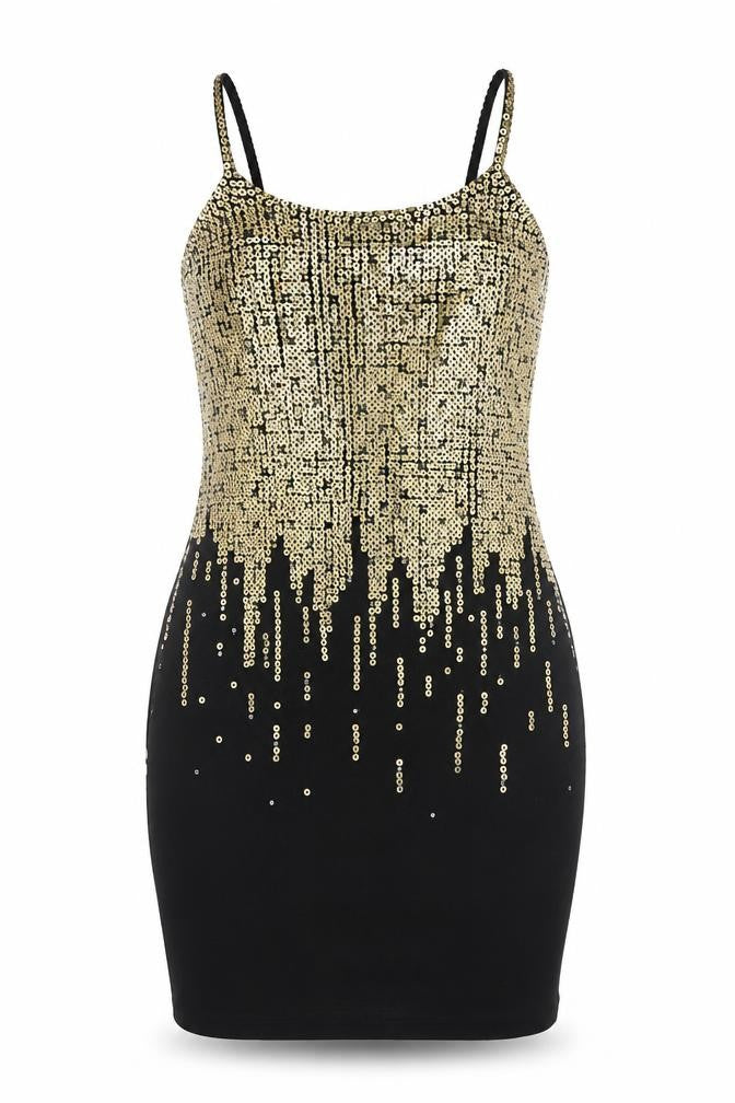 Outlander Women Black Gold Sequin Bodycon Knee Length Dress Size M
