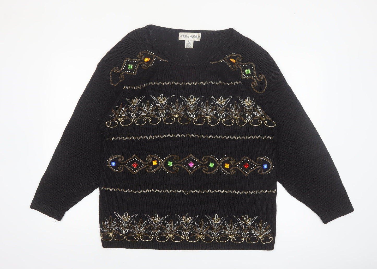 Victoria Harbour Womens Black L Beaded Knit Jumper Vintage Pullover