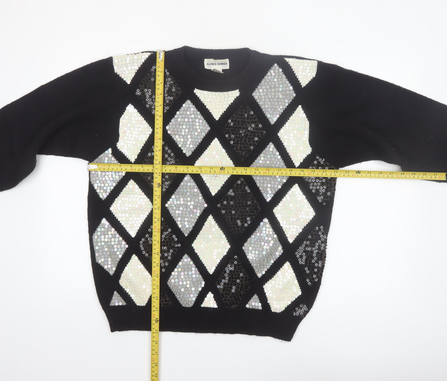 Alfred Dunner Women's Black Sequin Argyle Acrylic Jumper L