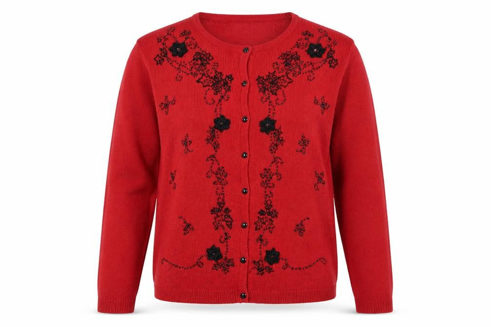 Unnecessary Essentials Women's Red Floral Beaded Cardigan M