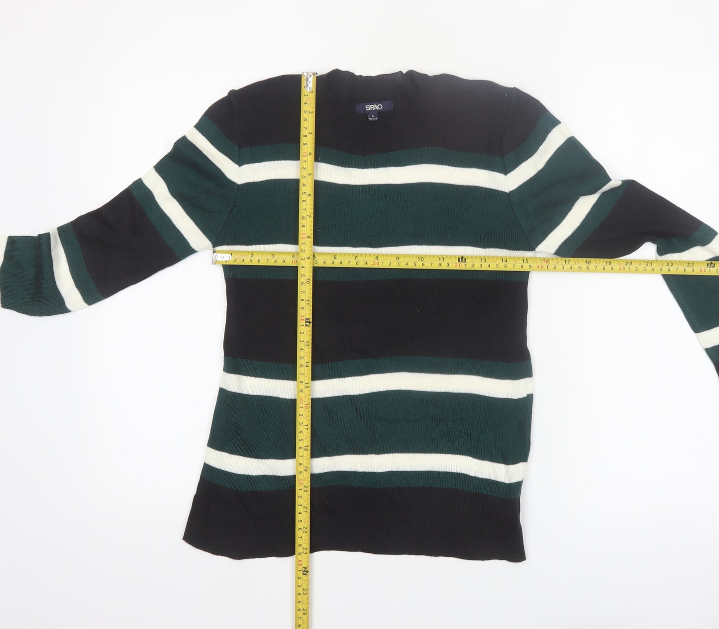 SPAO Women Green Striped Knit Crew Neck Pullover Jumper Size 10