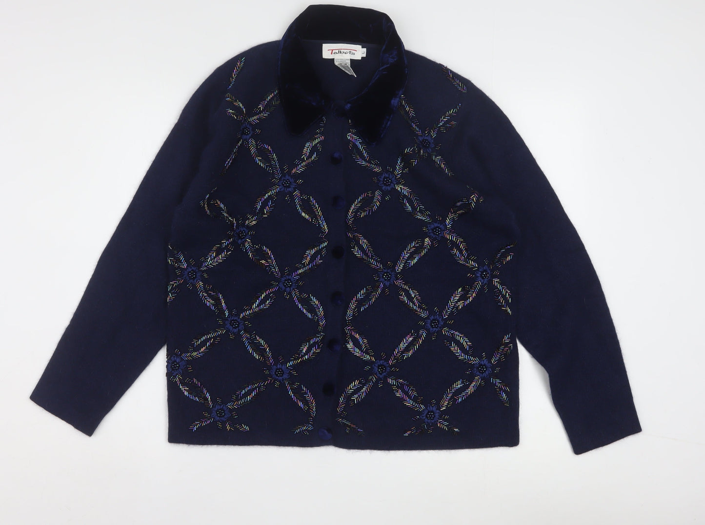 Talbots Womens Blue Wool Angora Embroidered Collared Cardigan L
