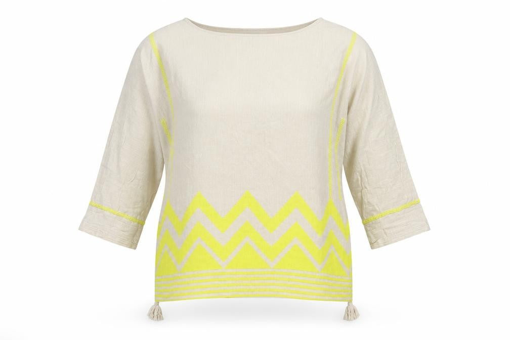 Monsoon Women Beige Yellow Tunic Top S Linen Cotton 3/4 Sleeve Boho Style
