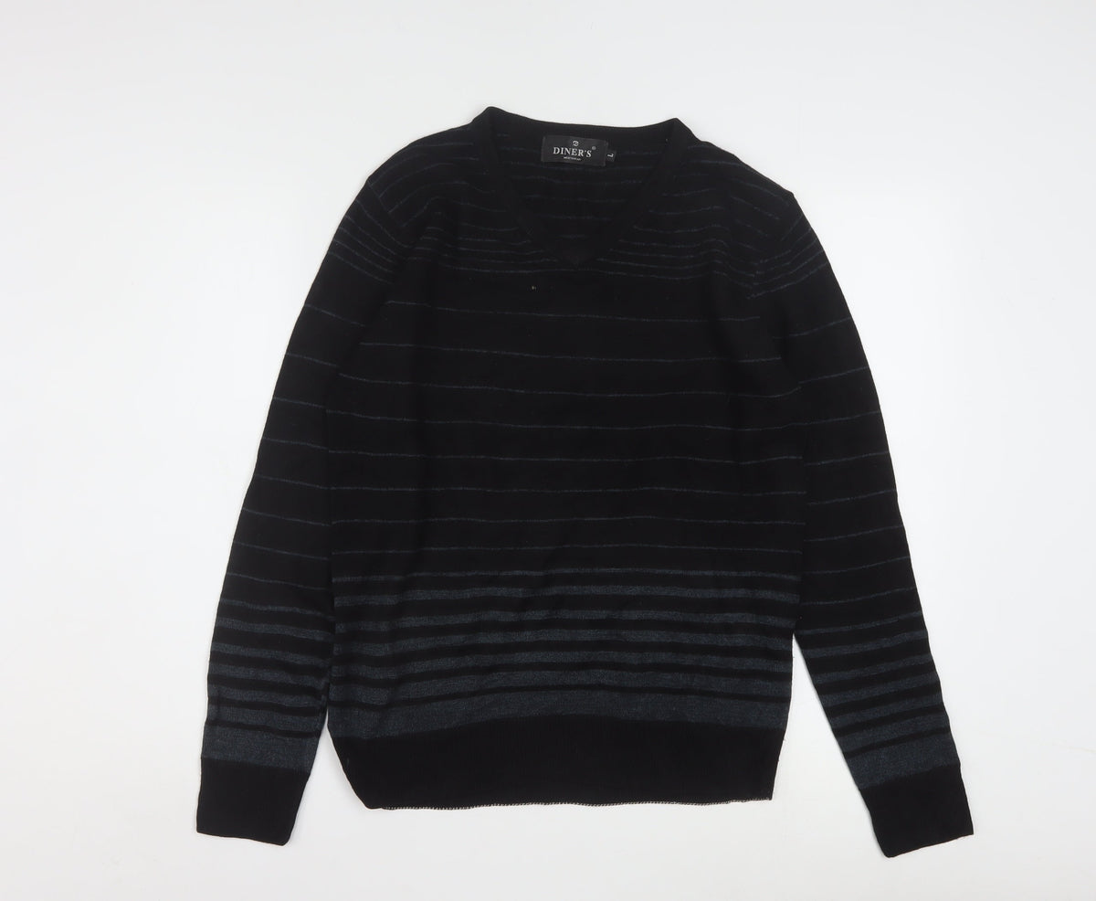 Back view of Diner's Men's Black Striped V-Neck Knit Jumper, size L