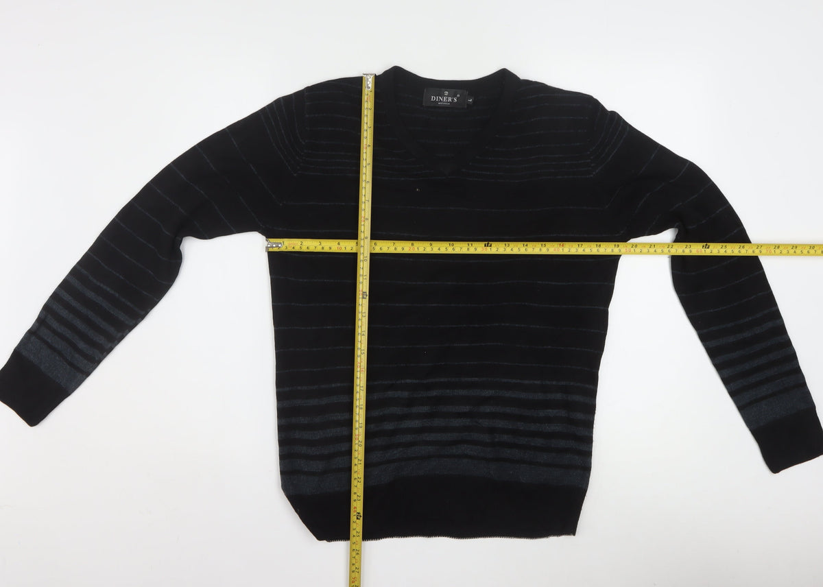 Close-up detail of Diner's Men's Black Striped V-Neck Knit Jumper, size L