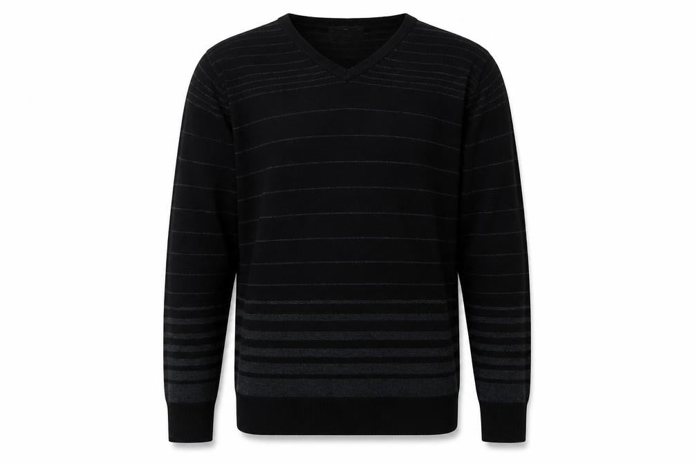 Front view of Diner's Men's Black Striped V-Neck Knit Jumper, size L