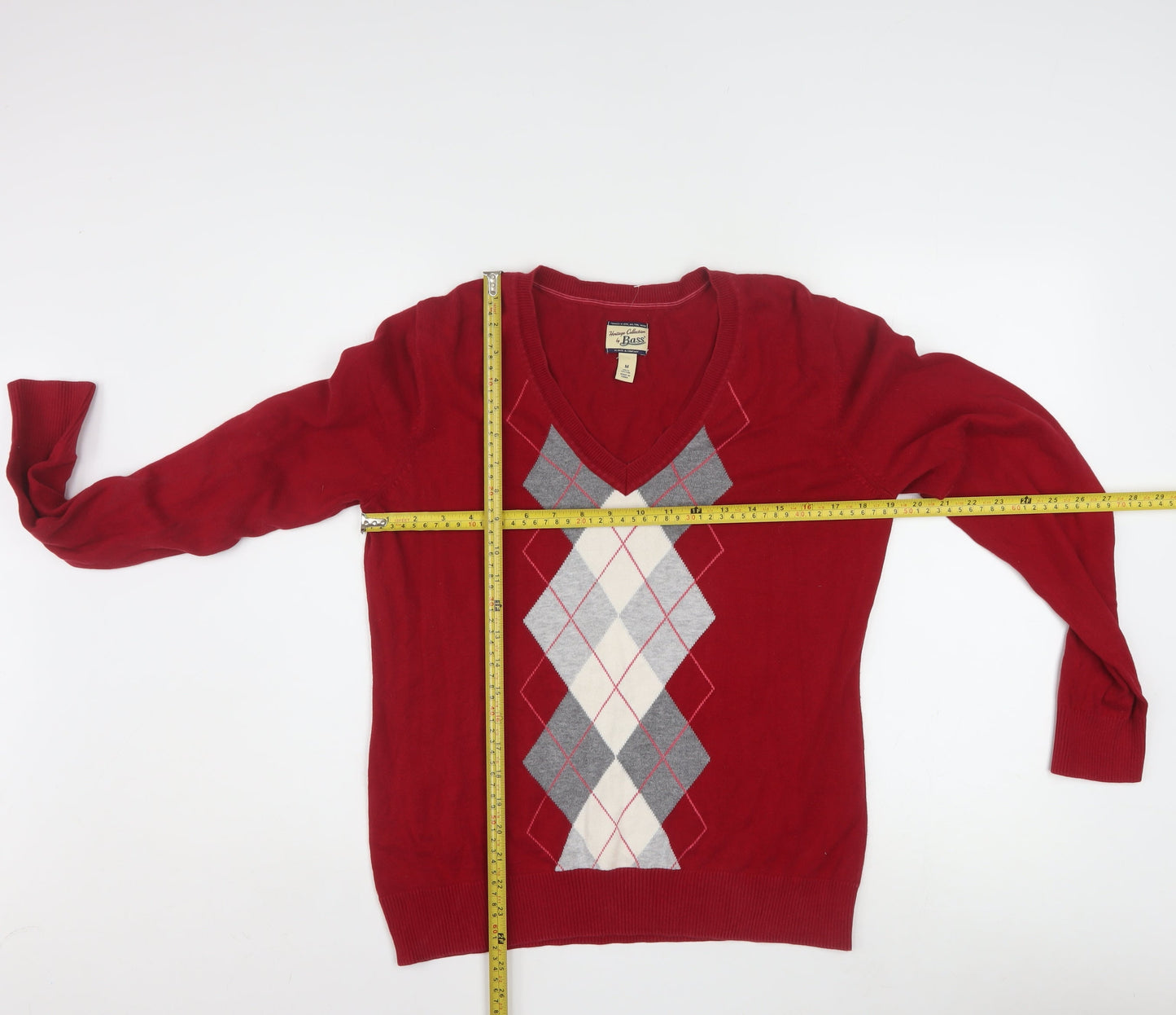Bass Men's Red Argyle V-Neck Cotton Jumper Size M