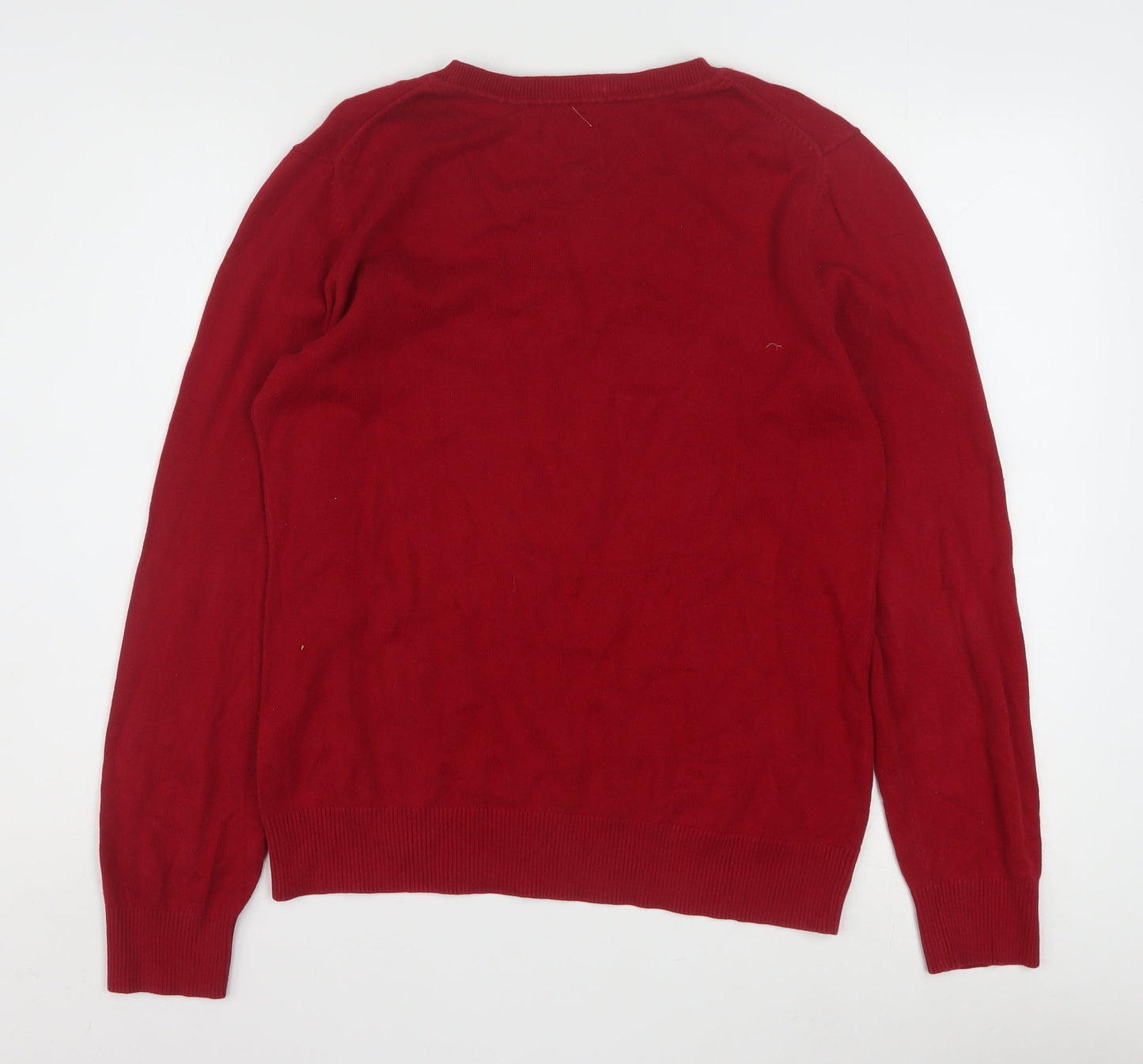 Bass Men's Red Argyle V-Neck Cotton Jumper Size M
