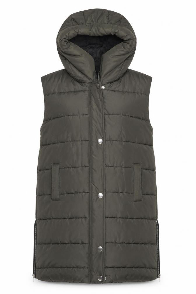 PRETTYLITTLETHING Women Green Long Puffer Waistcoat Hooded Size M