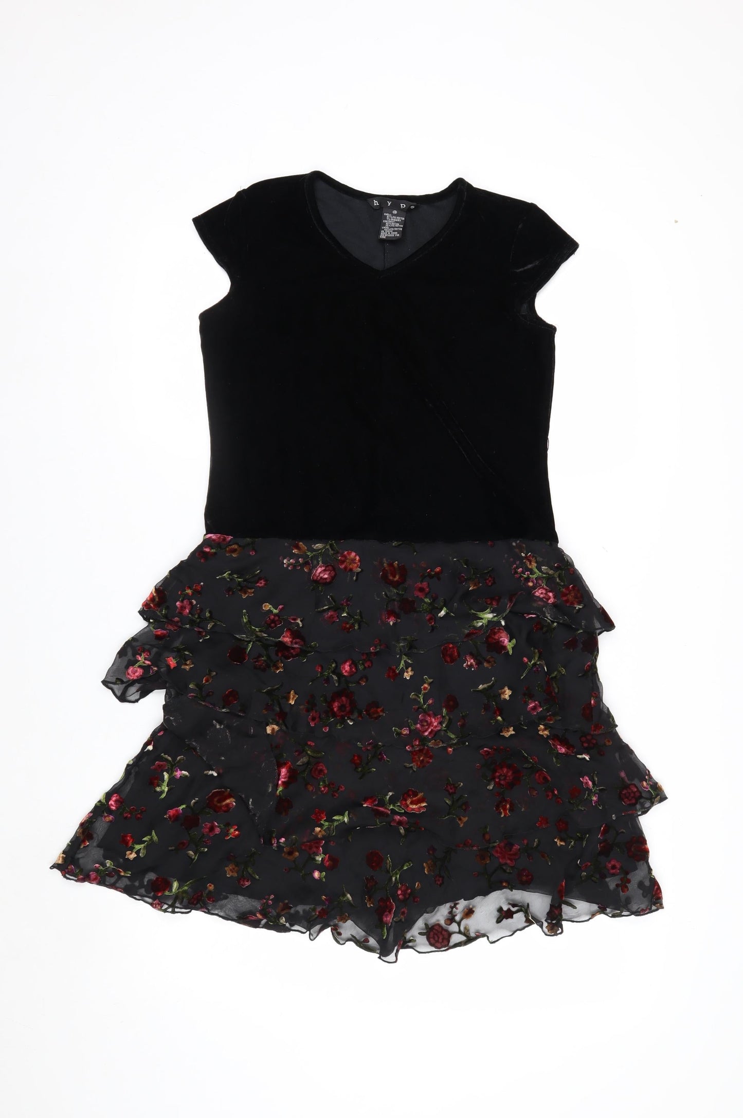 Hype Women's Black Floral Fit & Flare Dress Size 14 Velvet Chiffon Short Sleeve