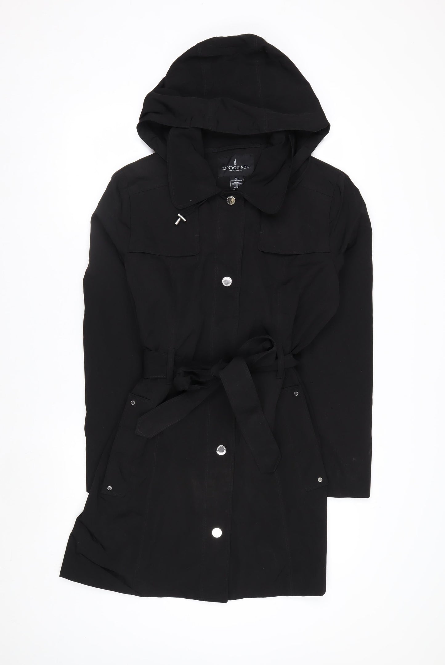 London Fog Women's Black L Hooded Belted Rain Coat