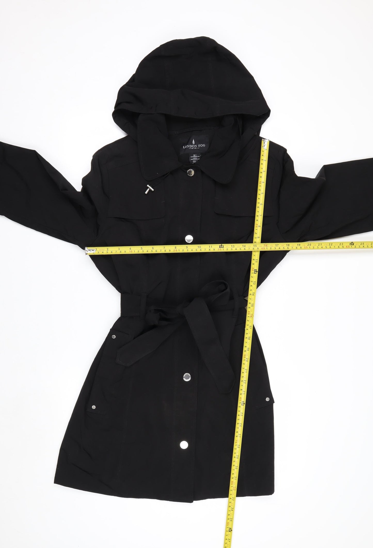 London Fog Women's Black L Hooded Belted Rain Coat