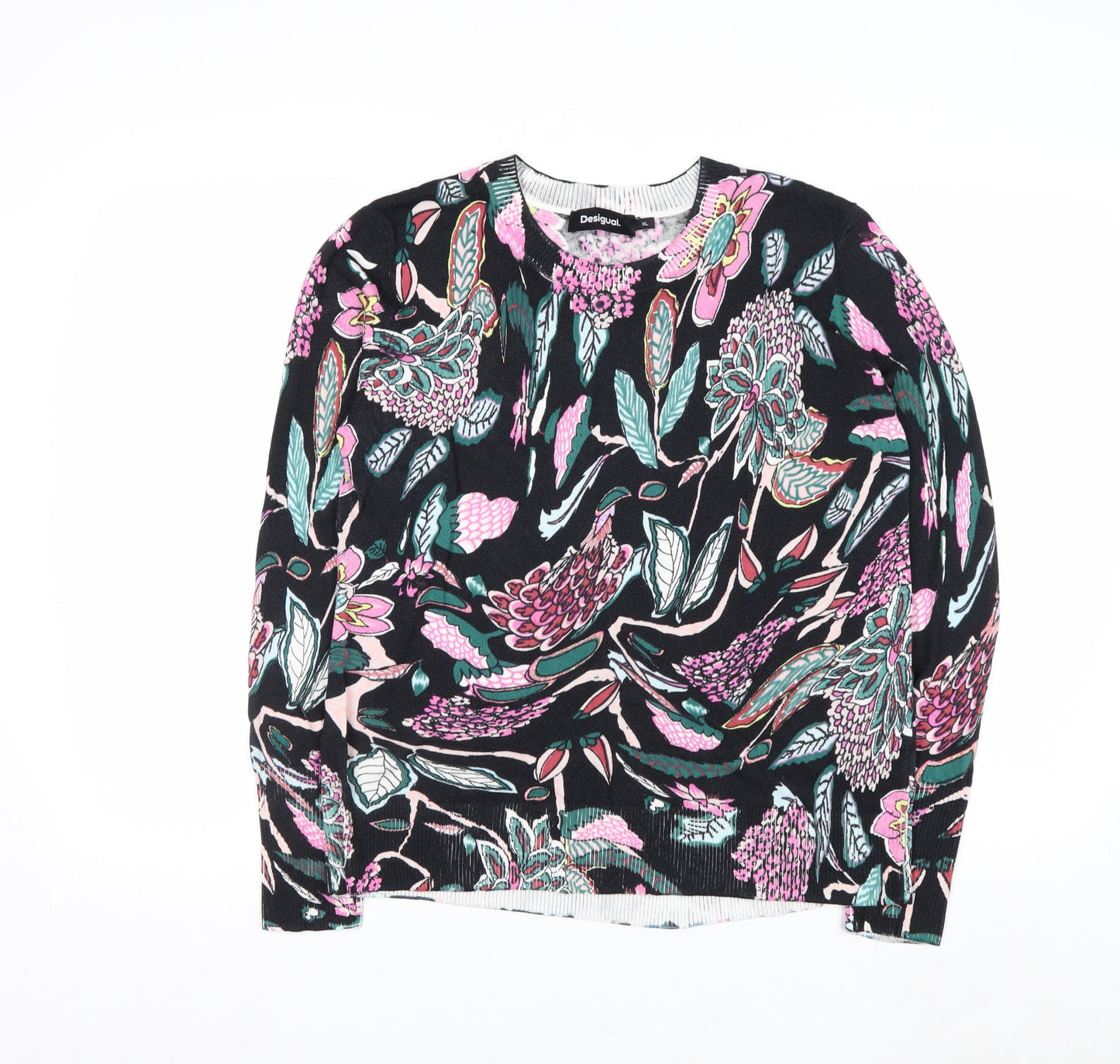 Desigual Women Black Multicoloured Floral Crew Neck Jumper XL