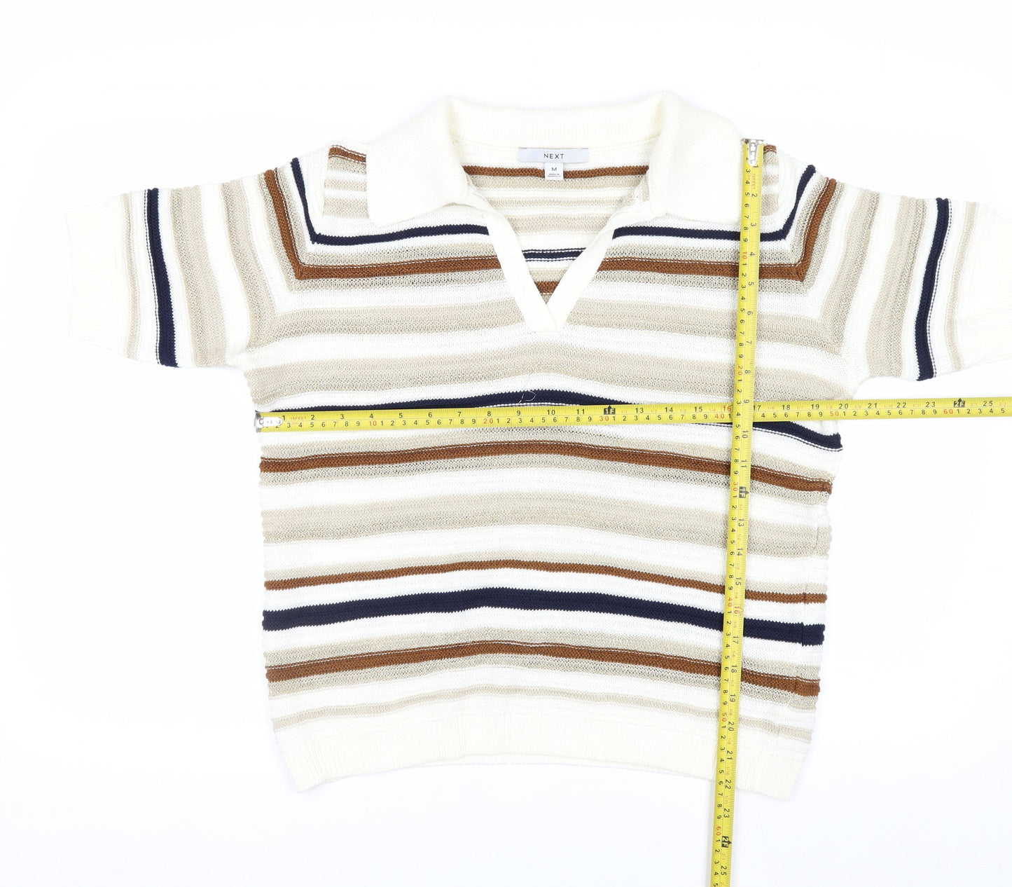 Next Men Beige Striped Collared Short Sleeve Pullover Jumper M