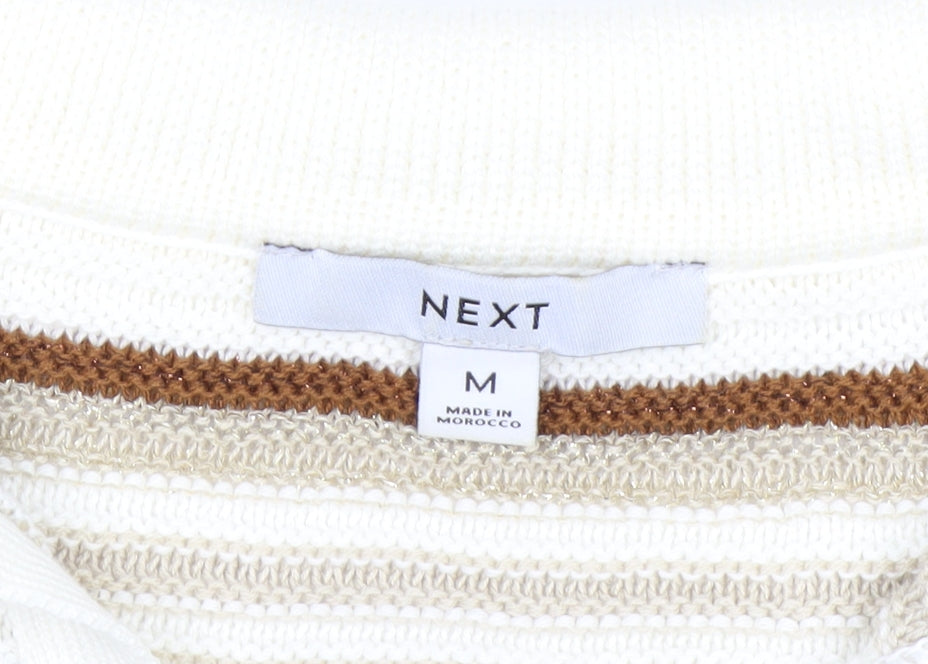 Next Men Beige Striped Collared Short Sleeve Pullover Jumper M